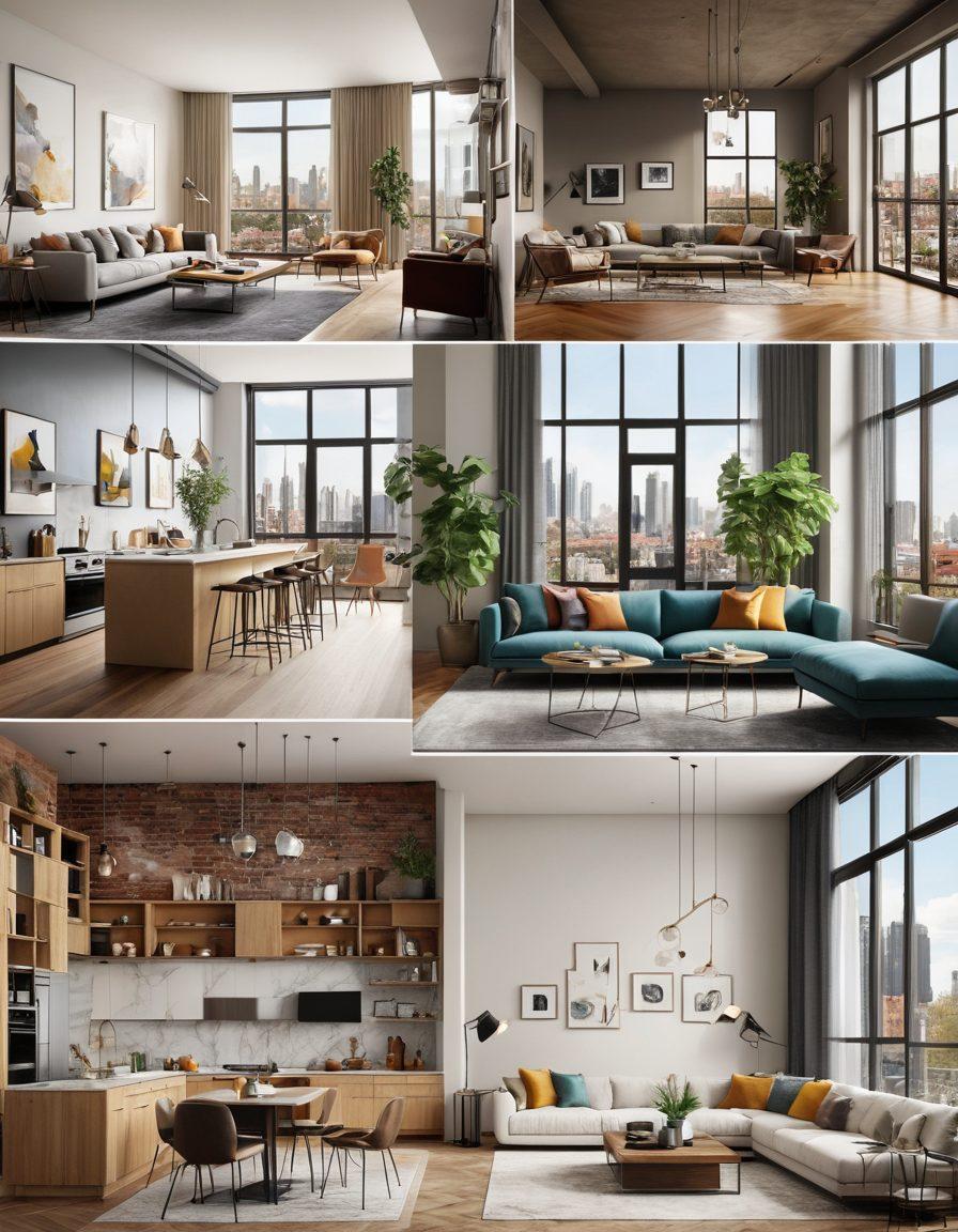 A collage showcasing various luxurious apartment types, including a modern high-rise with floor-to-ceiling windows, a cozy studio with chic furnishings, and a spacious loft with exposed beams. Each apartment should be styled to represent different lifestyles - minimalist, family-friendly, and urban chic. Envelop the scene with a lush cityscape in the background, capturing the essence of city living. vibrant colors. super-realistic. 3D.
