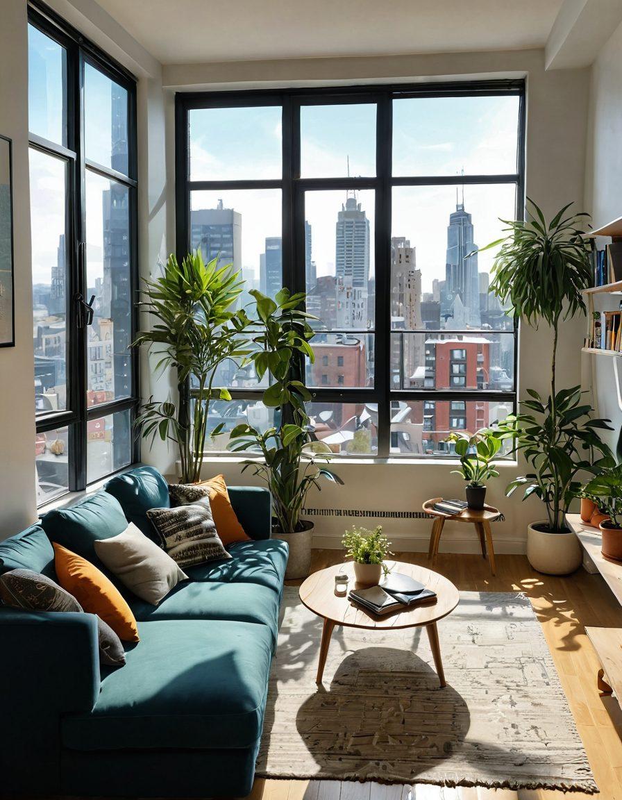 A cozy, well-decorated apartment interior showcasing a comfortable living area with plants, bookshelves, and a stylish sofa. Include a large window with sunlight streaming in, showcasing a vibrant cityscape outside. Feature a person happily using a laptop to explore rental listings, with visual hints of maps and home icons in the background. Perfect balance of warmth and modernity to convey ease and comfort in apartment living. super-realistic. vibrant colors. light and airy atmosphere.