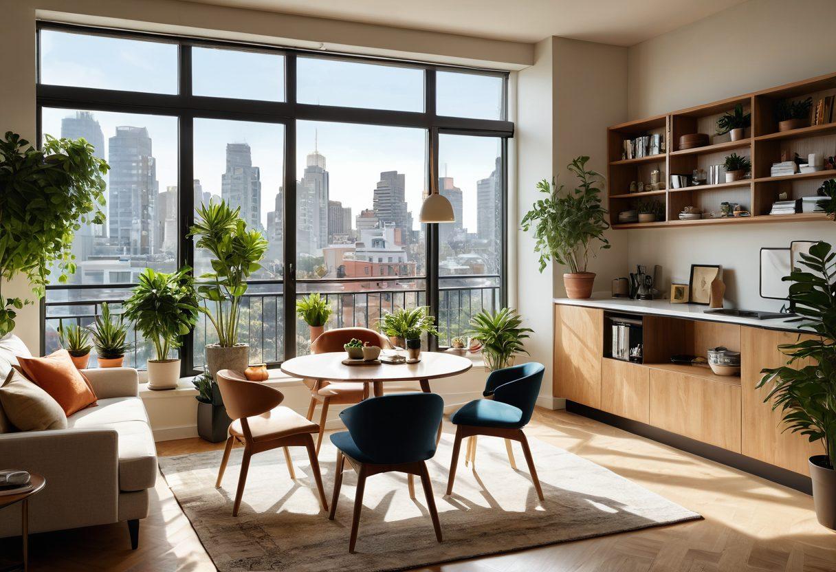 A cozy apartment interior showcasing diverse lifestyles, featuring a stylish living room with a peaceful reading nook, a modern home office, and a vibrant kitchen with plants. Natural light streaming through large windows, highlighting the unique decor that represents various cultures and preferences. Include an inviting balcony with greenery and city views. super-realistic. warm colors. cozy atmosphere.